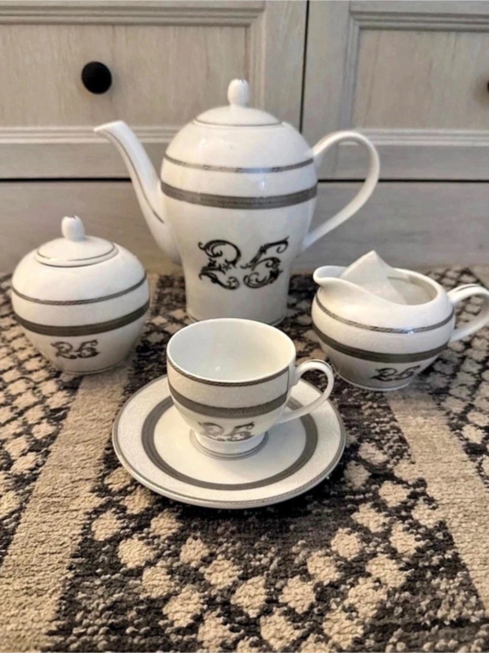 Vintage Casa Elite Tea Set Dinnerware in White & Gray